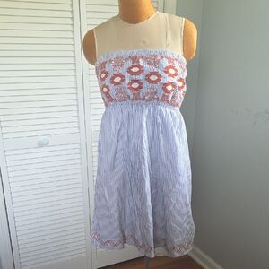 Joy Joy Boho Embroidered Stripe Midi Dress L Blue White Cotton Blend